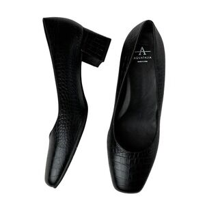 Aquatalia Elaine Pump 7.5 Block Heel Black Croc‎ Embossed Square Toe Old Money